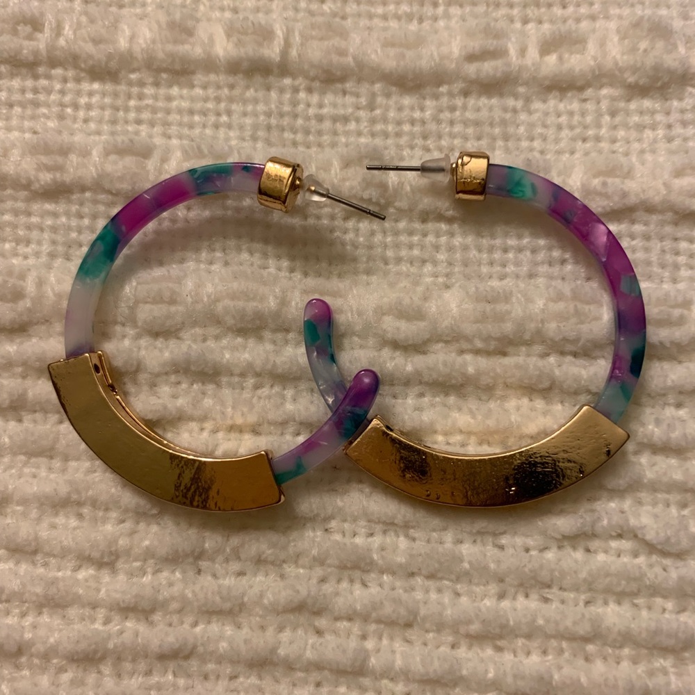 Purple green and gold tone earrings
